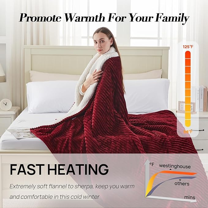 Westinghouse King Size Heated Blanket, Soft Flannel to Sherpa Reversible Electric Blanket King Size with 10 Heating Levels & 1-12 Hours Auto Shut Off, Machine Washable, (100" x 90", Red)