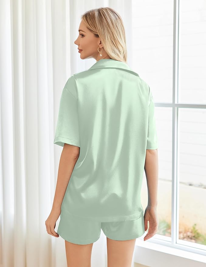 Ekouaer Pajamas for Women Set Silk Satin Pjs Shorts Sleepwear 2 Piece Loungewear S-XXL