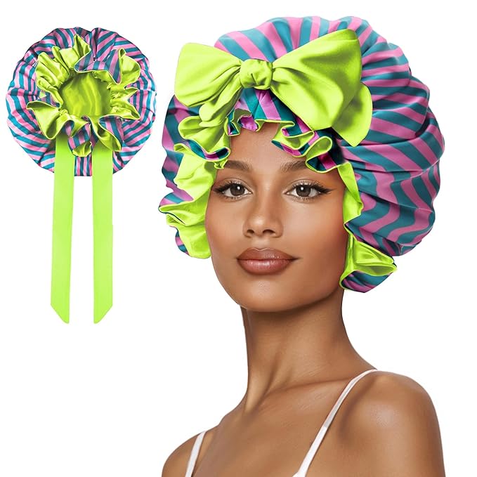 Silk Hair Bonnet for Sleeping, Satin Shower Cap for Women 2025 with Tie Band and Adjustable Straps Head Wrap for Curly Hair Pink-Red-Green F