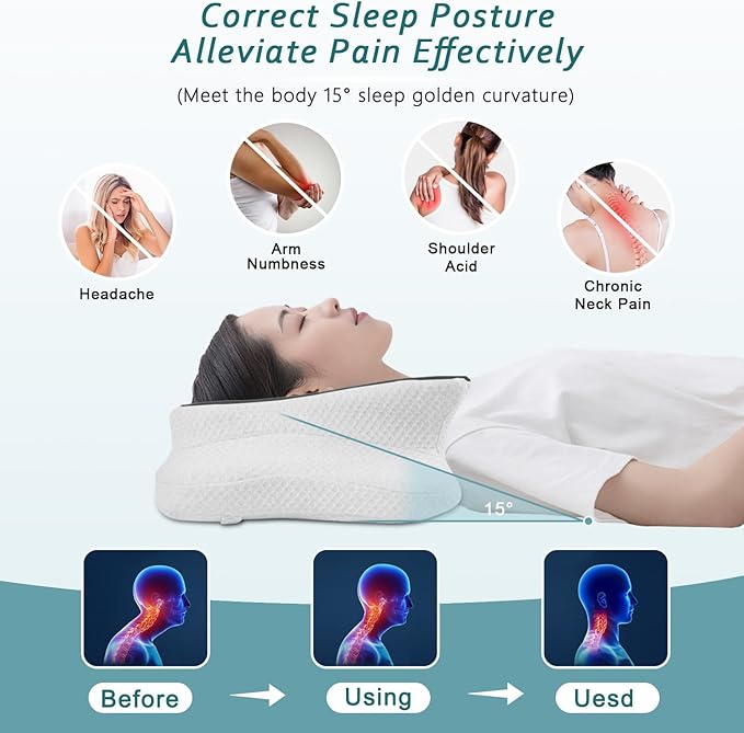 Cervical Neck Pillow for Pain Relief Sleeping, Contour Memory Foam Pillow, Ergonomic Side Sleeper Pillow for Adults, Cooling Orthopedic Neck Support Pillow for Back Stomach Sleepers