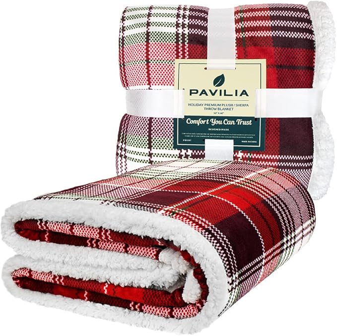 PAVILIA Christmas Plaid Blanket | Sherpa Fleece Flannel Throw Blanket | Christmas Plaid Warm Plush Microfiber Blanket for Couch Sofa | 50x60 Inches