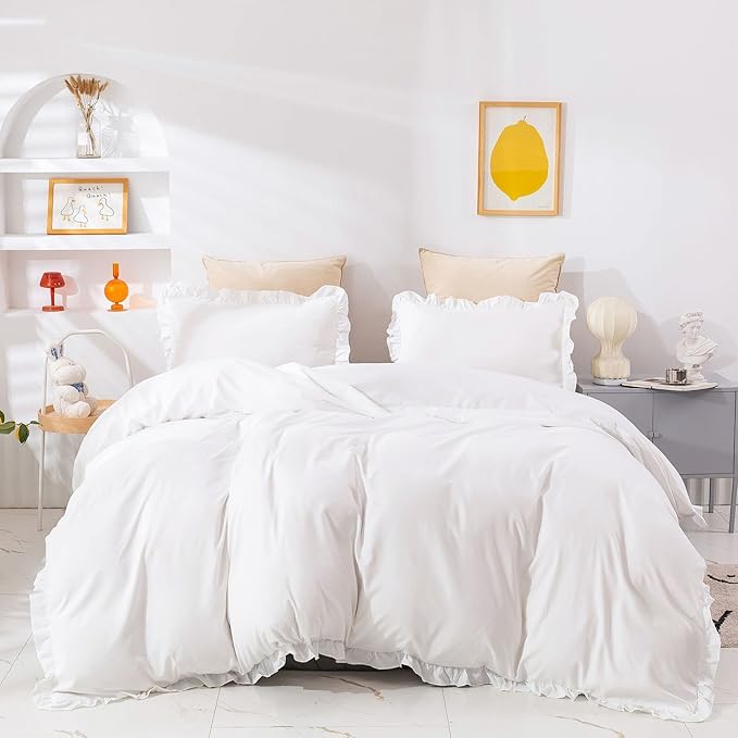 Cottonight White Comforter Set King White Ruffle Bedding Comforter Set Ruffles Farmhosue Boho White Blanket Quilts Rustic Soft Breathable Chic 3PCs Bedding Set for King Bed
