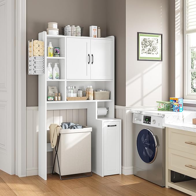 Over The Toilet Storage Cabinet with Pulley, Bathroom Cabinet, Space Saver W/Adjustable Shelf Rack for Bathroom, Restroom, Laundry (White-Type B)