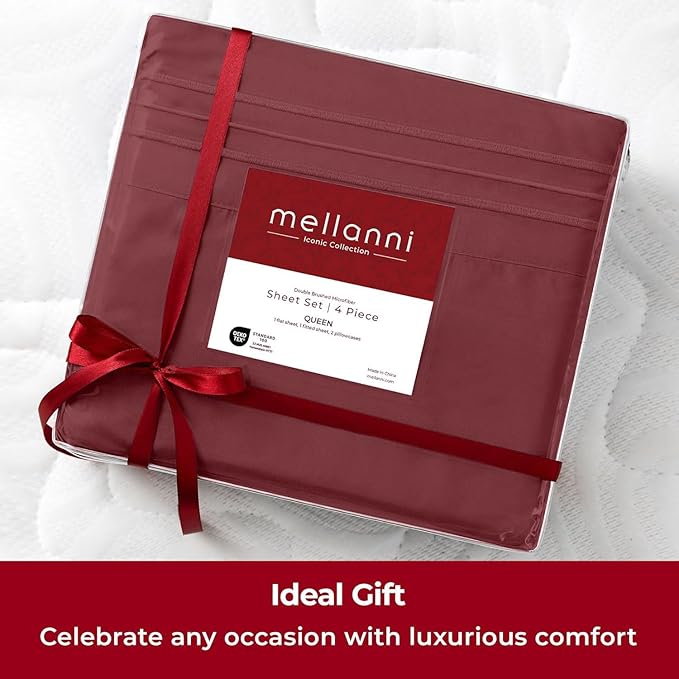 Mellanni Split King Sheets Set - 5 PC Iconic Collection Bedding - Hotel Luxury, Extra Soft, Cooling Bed Sheets - Wrinkle, Fade, Stain Resistant (Split King, Burgundy)