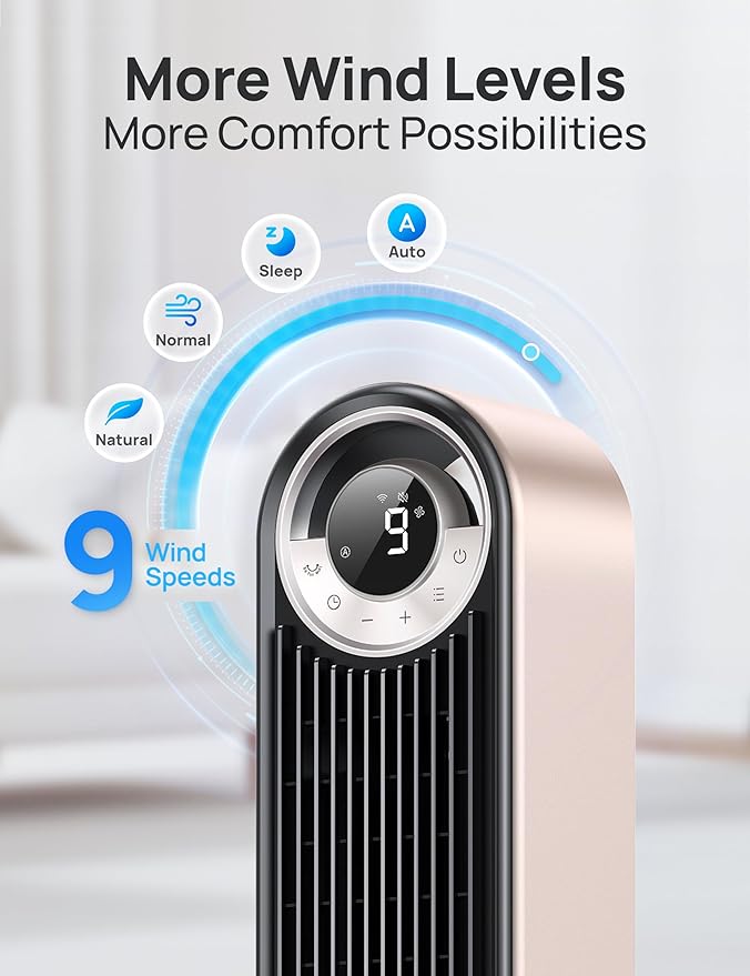 Dreo Tower Fan for Bedroom, 90° Oscillating Standing Fan with 28ft/s Velocity, 25dB Quiet for Sleep, DC Motor, 9 Speeds, 4 Modes, 12H Timer, Voice & APP & Remote Control, 42" Cruiser Pro T2 S