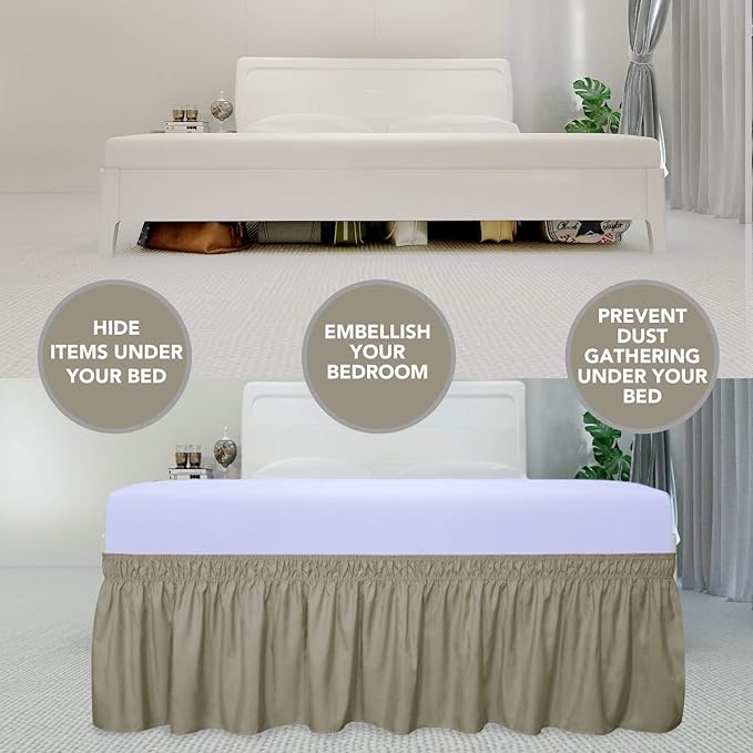 PureFit Wrap Around Ruffled Bed Skirt with Adjustable Elastic Belt - 18 Inch Drop Easy to Put On, Wrinkle Free Bedskirt Dust Ruffles, Bed Frame Cover for Queen, King and C-King Size Beds, Sand