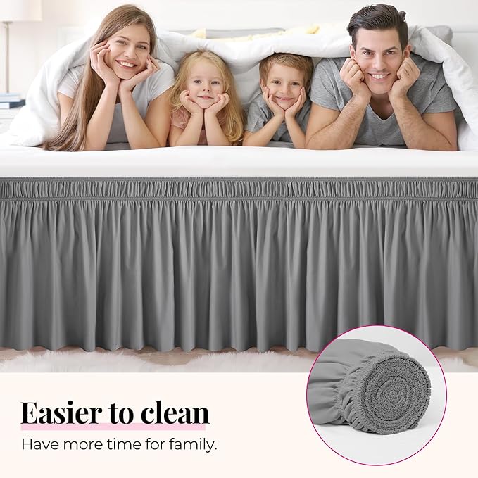 RIMELA Gray King Size Bed Skirt 18 Inch Drop, Elastic Bed Skirts Cal King Dust Ruffle, Light Grey Bedskirt for Adjustable Bed Base Solid Fade Resistant Silky Fabric Machine Washable Easy to Install