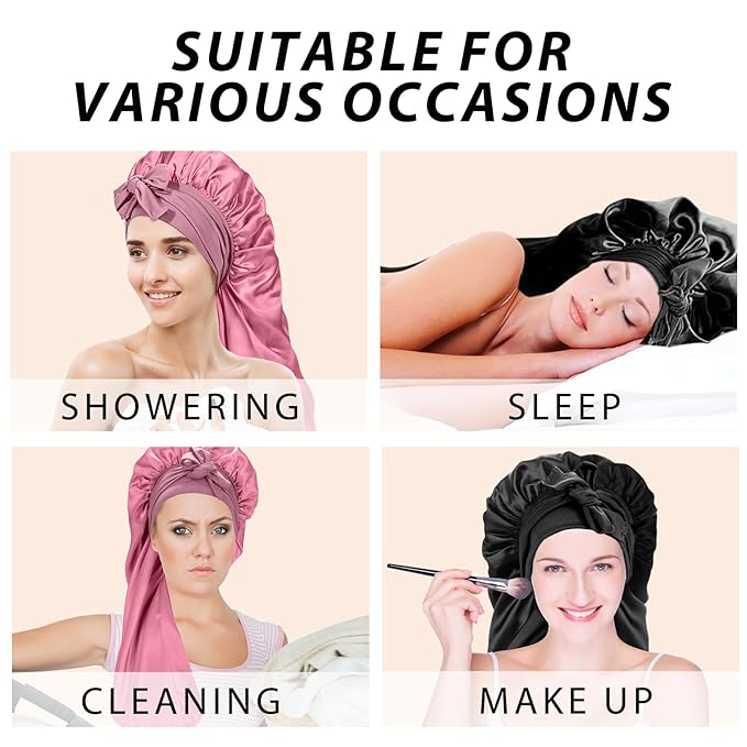 2Pcs Bonnets for Black Women Braid Bonnet, Large Long Satin Bonnet for Braids, Silk Bonnet with Stretchy Tie Band Sleep Cap Hair (2Pcs-Black&Rose Pink)