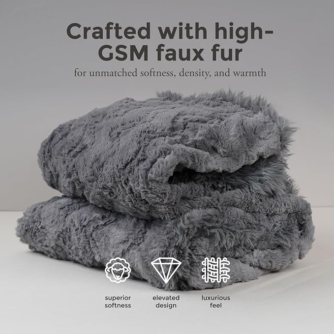 Mon Chateau 60" x 70" Crest Faux Fur Throw, Plush Luxury Blanket for Couch, Sofa, or Bed, Soft Reversible Throw Blanket for Sleeping, Home & Room Decor, Fog Stone