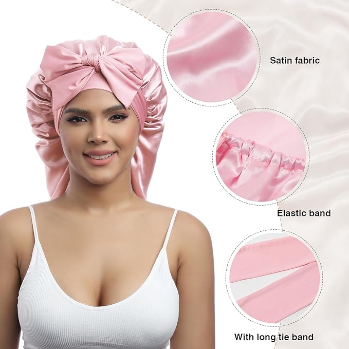AWAYTR Long Satin Bonnet for Braids - Elastic Silk Hair Bonnets for Sleeping Night Cap Stretchy Tie Band for Women（Pink）