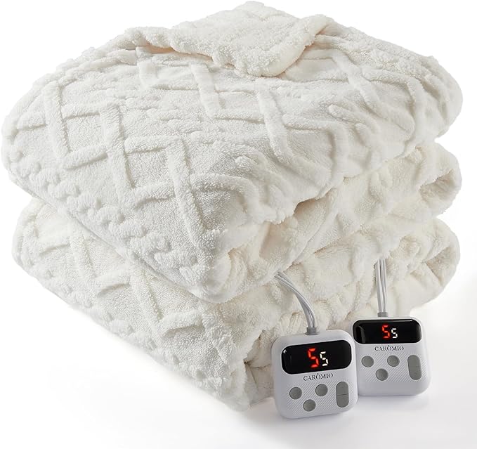 CAROMIO Electric Blanket Queen Size Dual Control - Thick Tufted Sherpa Heated Blanket Queen with 10 Heating Levels and 10 Time Settings, ETL Certified Fast Heating Blanket Queen Size 84"×90", White