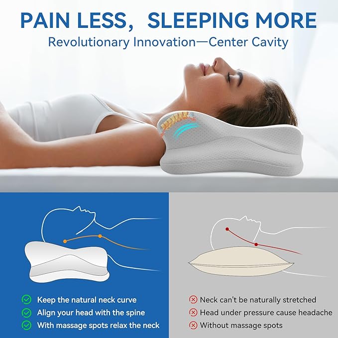 Cervical Neck Pillow for Pain Relief - Ergonomic Cooling Support, Contour Design for Side & Back Sleepers,Grey