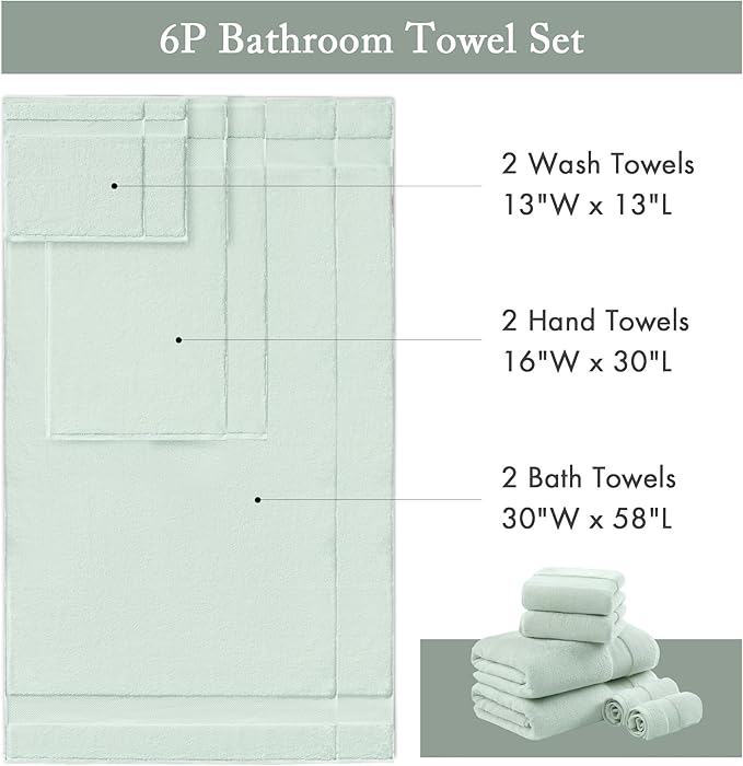 Madison Park Turkish 100% Cotton 600Gsm Luxury Premium Thick Soft Absorbent Hotel Bathroom Towel Set Shower Hand Face Washcloths, Assorted Sizes, Seafoam 6 Piece