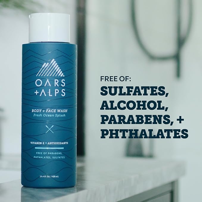Oars + Alps Body Wash for Men, Mens Body Wash with Vitamin E and Antioxidants, Moisturizing, Hydrating, Paraben & Sulfate Free Cleanser, Fresh Ocean Splash, 1pk