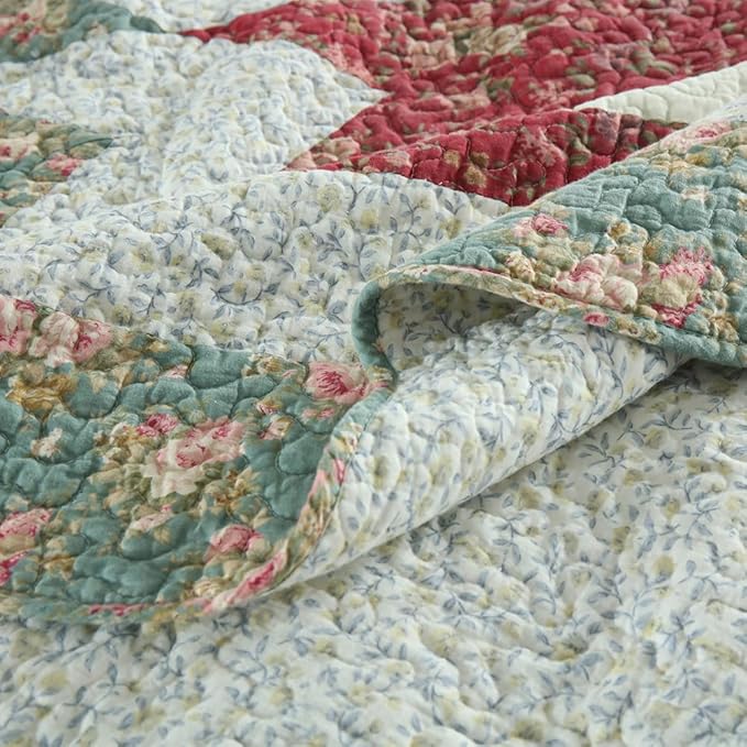 Cotton Bedspread Quilt Bedding Sets, 3 Pieces Reversible Coverlets Comforters Star with Red Floral Real Patchwork Bedspread, King Size
