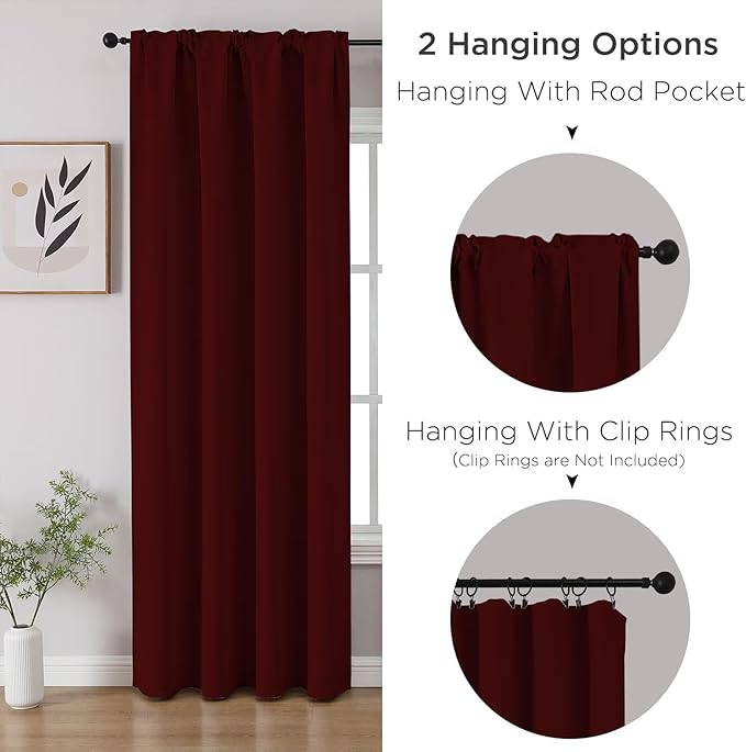 CUCRAF Burgundy Red Blackout Curtains 96 inch Length 2 Panels Set, Rod Pocket Room Darkening Drapes for Bedroom Living Room, Insulated Thermal Light Blocking Window Curtain (W52 x L96 Inch)
