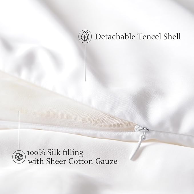 CUDDLE DREAMS Lightweight Silk Filled Comforter for Summer, Detachable Tencel Duvet Cover for Easy Care, Naturally Breathable (White, Queen)