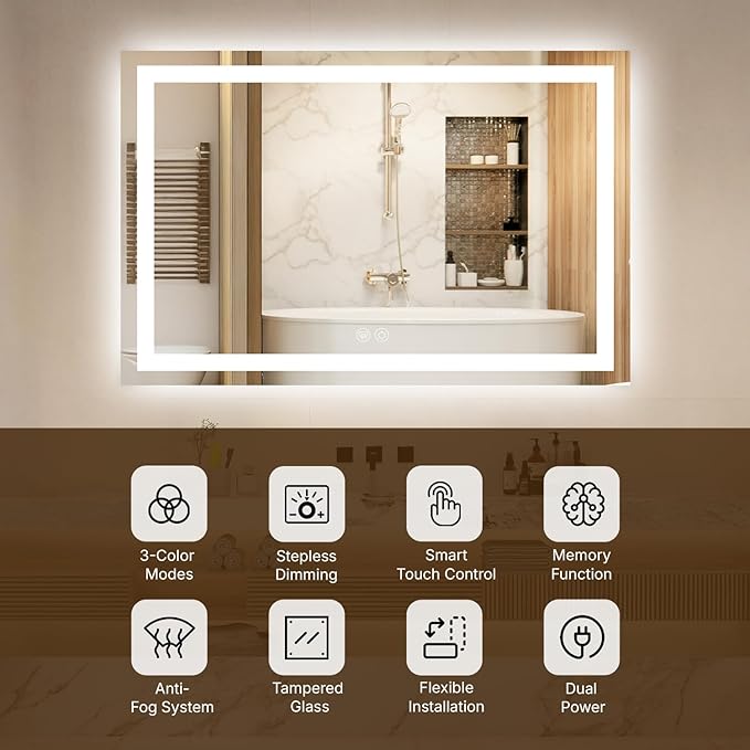 36 x 36 LED Bathroom Mirror with Lights, Lighted Bathroom Vanity Mirror for Wall, Espejos para Baños, Frontlit & Backlit, Anti-Fog, Shatterproof, 3 Adjustable Color Temperatures & Memory Function
