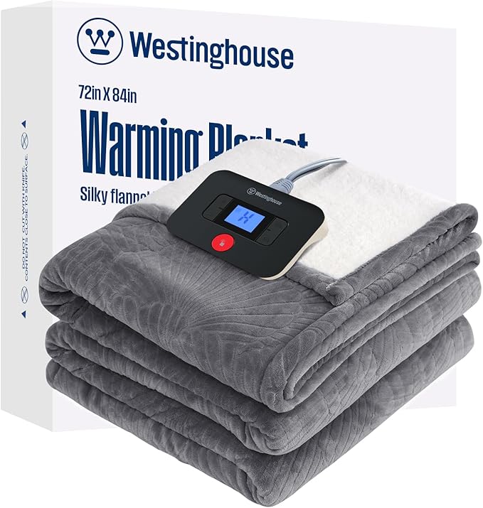 Westinghouse Electric Blanket Full, Flower Jacquard Heated Blanket Full Size with 10 Heating Levels and 1-12 Hours Auto-Off, Flannel to Sherpa Reversible, Machine Washable (72" x 84", Light Grey)