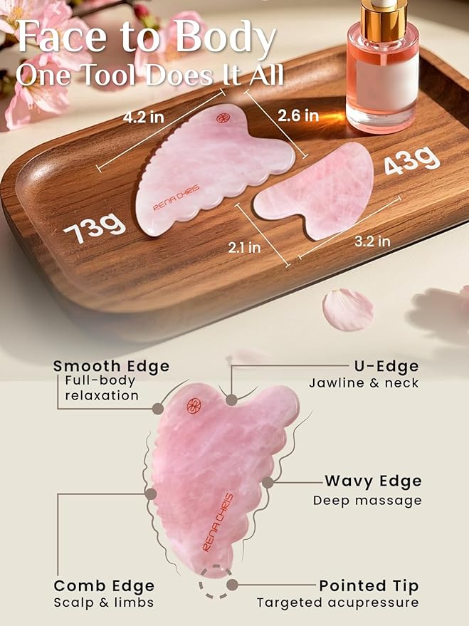 Rena Chris Body Gua Sha Tools, Natural Rose Quartz Jade Guasha Tool, Manual Massage Sticks for Jawline Sculpting and Puffiness Reducing, Whole Body Skin Care Massager (Pink)