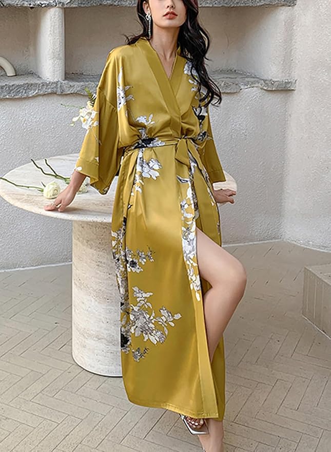 Silk Satin Robe for Women Long Japanese Kimono Robe Lightweight Soft Bathrobe Floral Luxury Dressing Gown