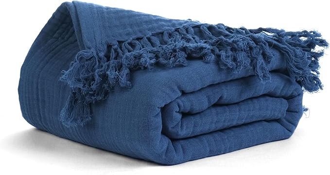 Salt Earth 100% Cotton Muslin Throw Blanket, Gauze Blanket 50"X60" Throw with Tassel 4 Layered for Couch, Bed, Living Room, Home,Lightweight & All Season Blankets & Throws, Skin Friendly(Navy Blue)