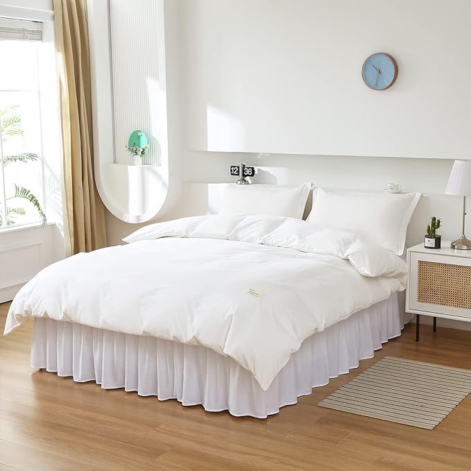 MEILA Wrap Around Bed Skirt Three Fabric Sides Elastic Dust Ruffled 24 Inch Tailored Drop,Easy to Install Fade Resistant-White, Twin/Full