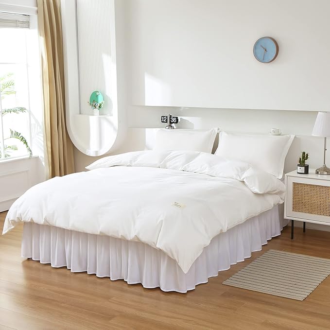 MEILA Wrap Around Bed Skirt Three Fabric Sides Elastic Dust Ruffled 16 Inch Tailored Drop,Easy to Install Fade Resistant-White, Queen/King