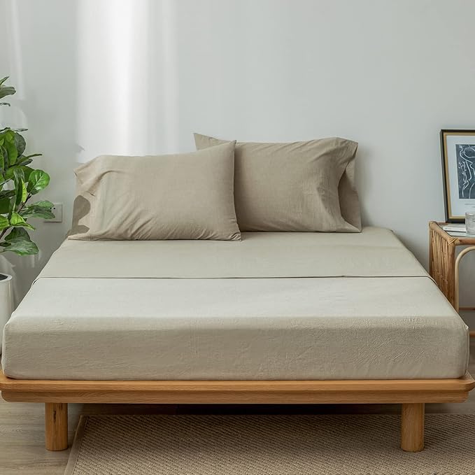 MooMee Bedding Sheet Set 100% Washed Cotton Linen Like Textured Breathable Durable Soft Comfy (Heathered Khaki, Queen)