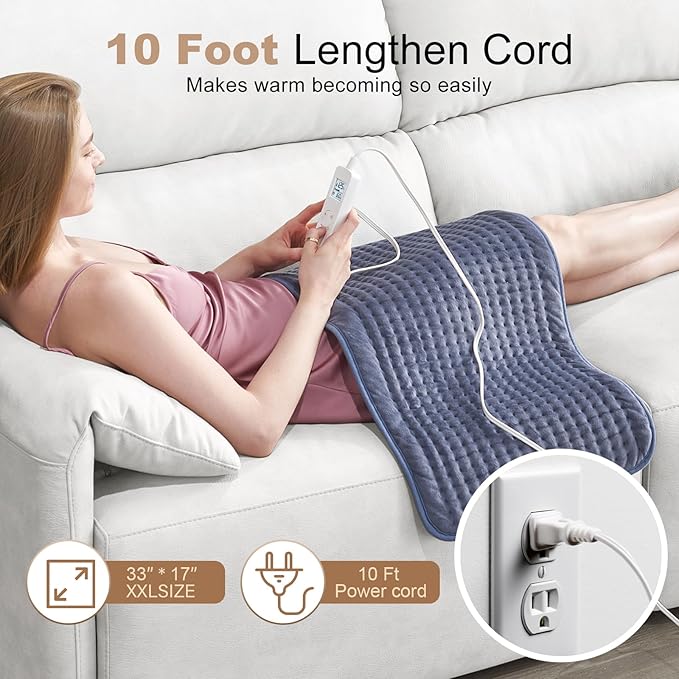 Heating Pad for Back Pain Relief, Extra Large 33 x 17 inches, Portable Heating Pad for Shoulder, Neck, Cramp, Menstrual Pain, with Upgraded 6 Timer and 6 Temperature Controller