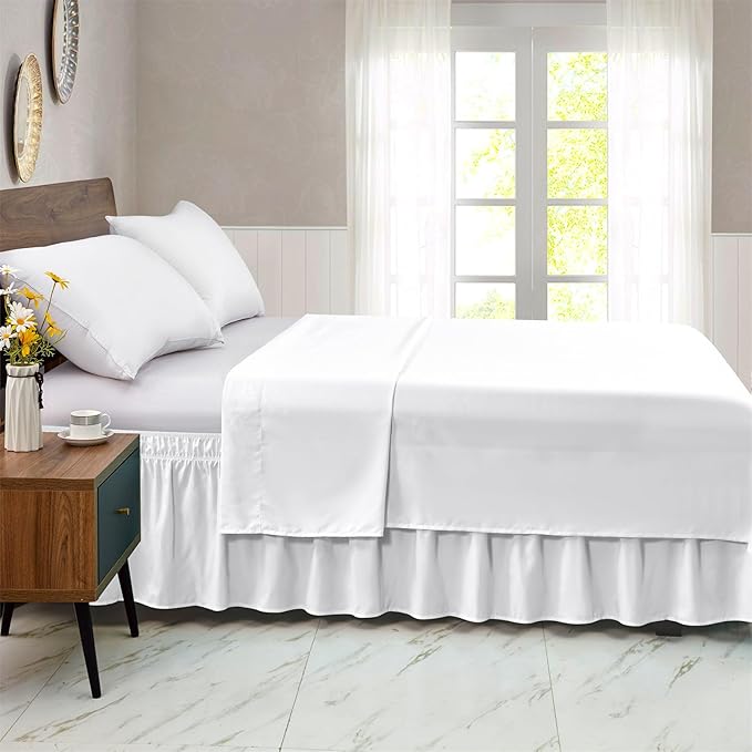 FreshCulture Elastic Wrap Around Bed Skirt - Easy Fit with 22-Inch Tailored Drop, Hotel Quality Dust Ruffle for Full Size Bed (White)