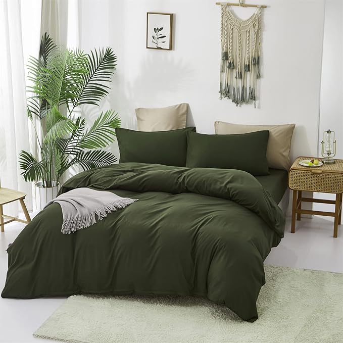 Cottonight Army Green Comforter Set Queen Dark Green Bedding Set Full Plain Modern Style Blanket Quilts Soft Breathable Comforter Set for Women Men