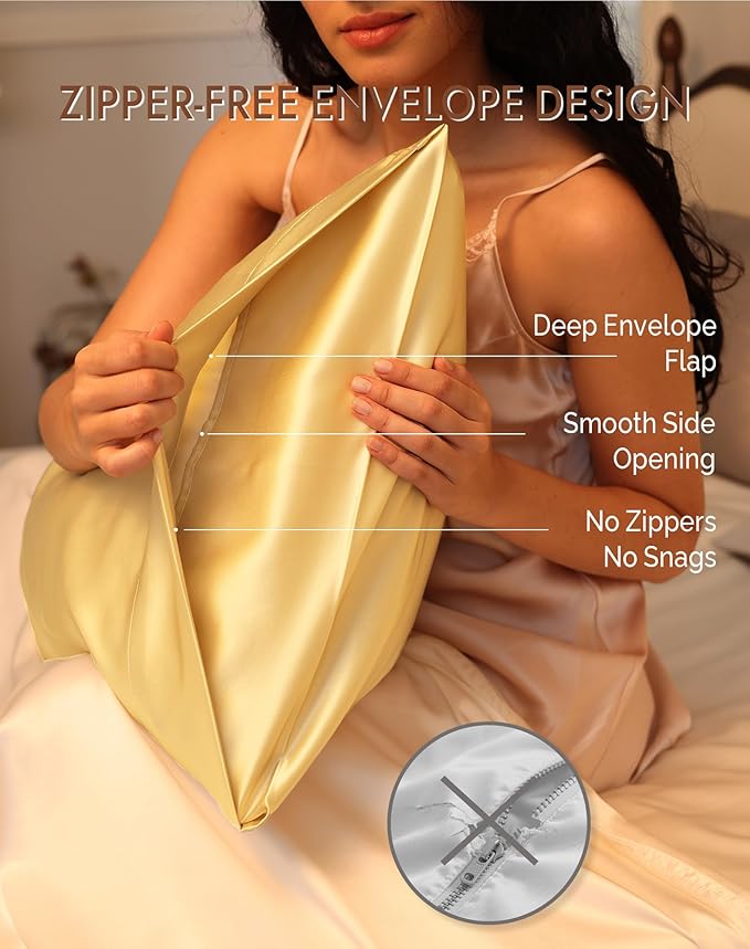 SilkSilky 100% Mulberry Silk Pillowcase - Pure 22 Momme High-Grade 6A Fibers for Hair & Skin, Envelope Closure, Natural, Organic, Breathable & Cooling Pillow Case (King, Champagne)