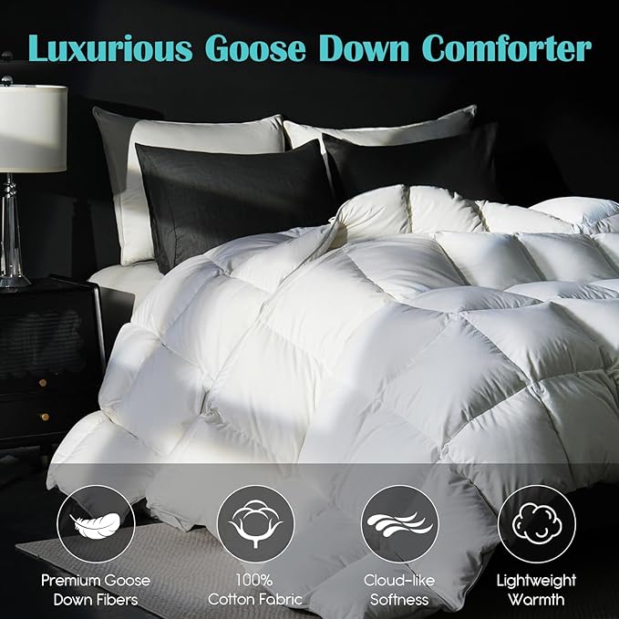 California King Goose Feather Down Fiber Comforter, 100% Cotton Cover Ultra Soft Fluffy California King Duvet Insert, All Season Luxurious Hotel Bedding Comforter, White 104"x96"