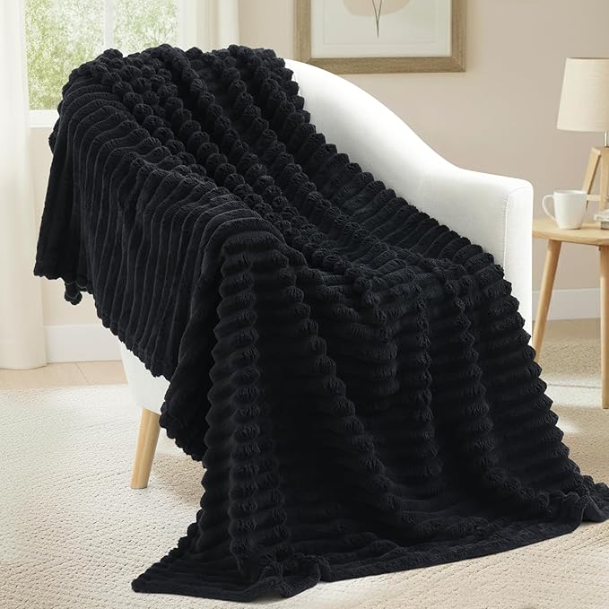decorUhome Christmas Soft Fleece Black Blanket Queen Size for Bed, Cozy Fluffy Plush Flannel Large Striped Throws for Couch Sofa, Lightweight Decorative Fuzzy Blanket for Woman, 90x90 Inches
