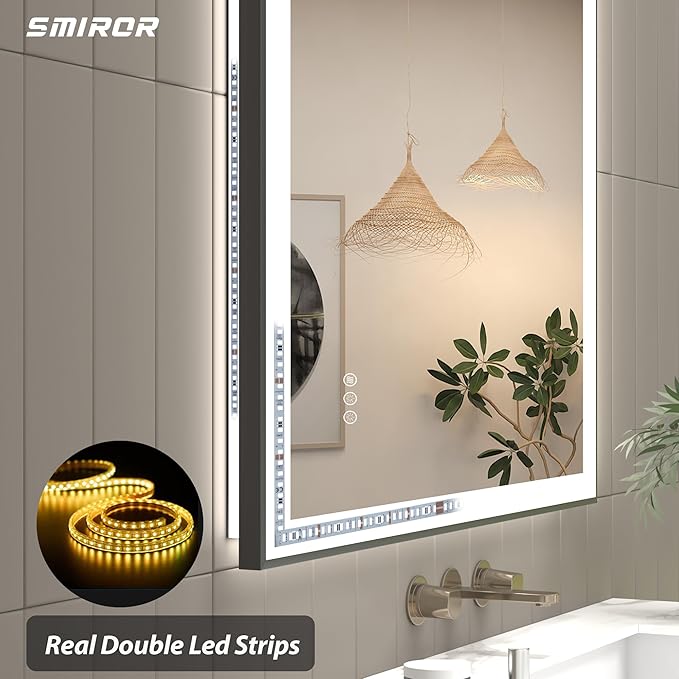 SMIROR 24x 36 LED Mirrors Bathroom Wall, Lighted Vanity Mirrors with Lights, Dimmable, Anti-Fog, Memory, Shatterproof, ETL Listed (Front and Backlit)