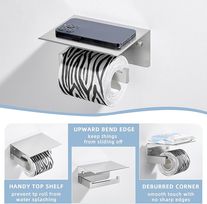 Angle Simple Toilet Paper Holder with Shelf, 304 Stainless Steel Toilet Tissue Roll Holder Brushed Nickel Wall Mount