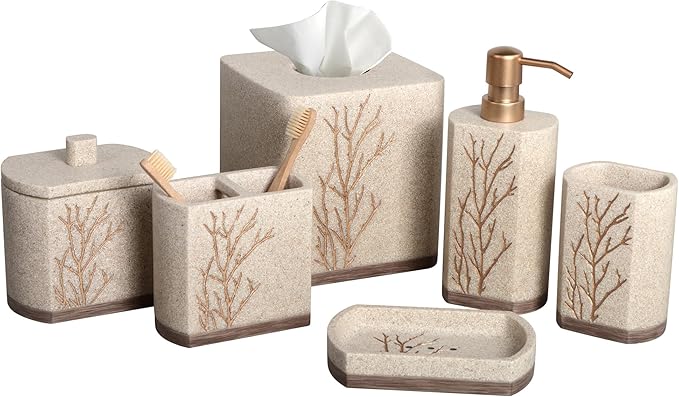 Decozen Bathroom Accessories Set 6Pcs – Soap Dispenser, Toothbrush Holder, Tumbler, Soap Dish & Cotton Swab Jar – Modern Bathroom Decor, Bath Set for Christmas Decor, Kent