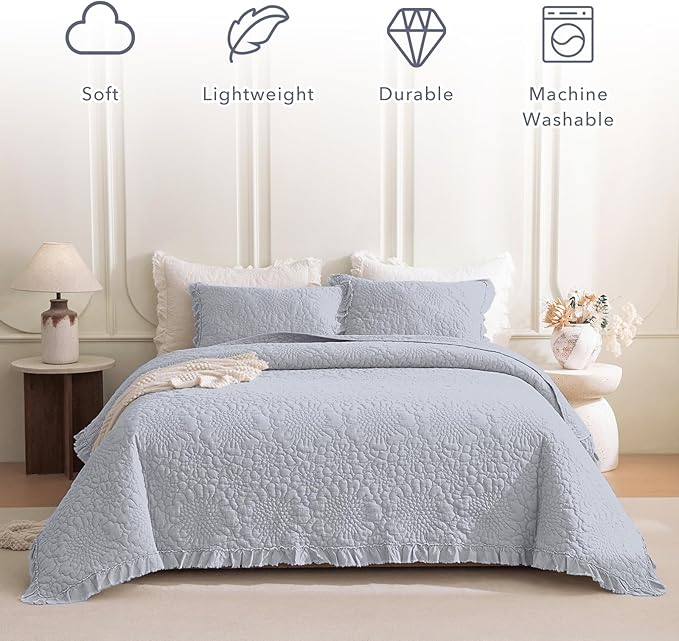 QSH Cornflower Blue Stonewashed Cotton Oversized King Quilt Bedspread Set(128"x120"),3PCs Farmhouse Ruffle Bedspread California King,Ultra Soft Lightweight Crinkle Quilt Coverlet with Pillow Shams