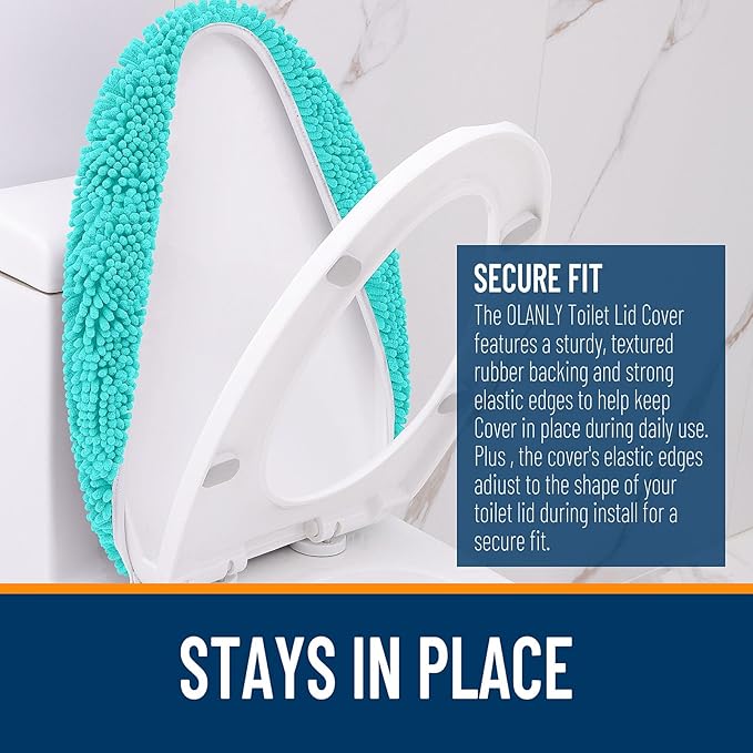 OLANLY Soft Chenille Bathroom Toilet Lid Cover, Machine Washable Seat Covers, 17.5x15, Stays in Place Rubber Backing, Fits Most Round, Elongated and Oblong Lids, Accessories Decor, Teal
