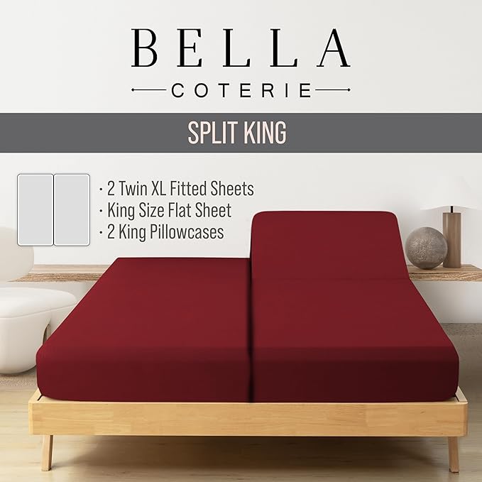 Bella Coterie Luxury Bamboo Viscose Split King Size Sheet Set | 2 Fitted Sheets for Sleep Number & Adjustable Beds | 100% Organically Grown | Cooling & Ultra Soft | 18” Deep Pocket [Merlot]