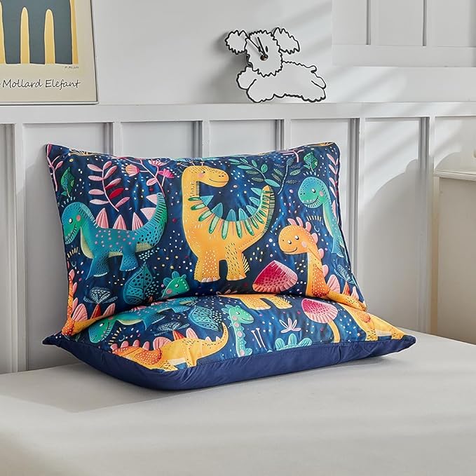Wajade 7 Piece Dinosaur Comforter Set for Boys 3D Blue Dinosaur Print Bedding Set for Kids Teens Bed in A Bag Queen Size (1 Comforter, 1 Flat Sheet, 1 Fitted Sheet, 2 Pillowcase and 2 Pillow Sham)