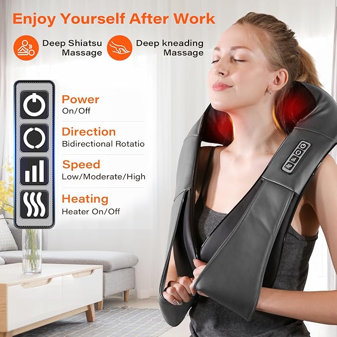 Shiatsu Neck Massager, Electric Neck and Back Massager with Heat, 3D Kneading Massage Pillow for Neck, Back, Shoulder, Muscle Pain Relief, Office & Home & Car Use, Fits for Parents (Gray-Button)