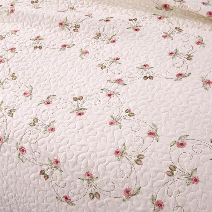 Quilt Set Floral Leaves 3D Embroidery Pattern 2 PCS Cotton Reversible Quilted Embroidered Decorative Bedspreads Coverlet Set, Lightweight &Soft Queen Size Beige Bedding Coverlet for All Season