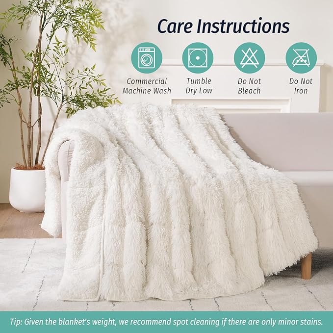 Wemore Shaggy Long Fur Faux Fur Weighted Blanket, Cozy and Fluffy Plush Sherpa Long Hair Blanket for Adult 20lbs, Fluffy Fuzzy Sherpa Reverse Heavy Blanket for Bed, Couch, Cream White, 60 x 80 Inches