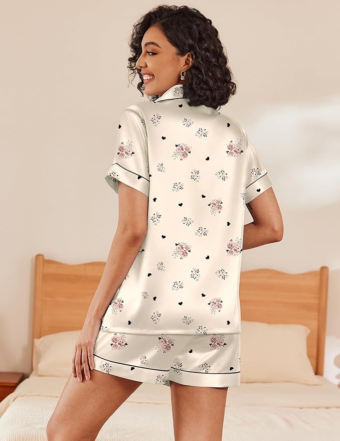 Ekouaer Pajamas for Women Set Silk Satin Pjs Shorts Sleepwear 2 Piece Loungewear S-XXL