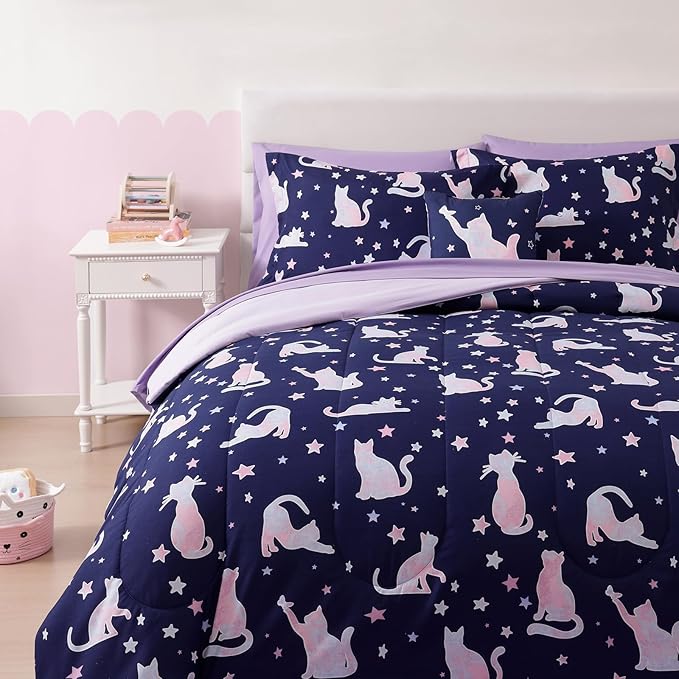 Twin Comforter Set for Girls-5 Pieces Cute Cat Twin Bedding Sets for Kids, Ultra Soft Bed in A Bag with Sheets