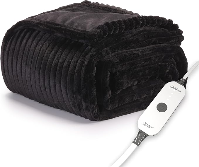 Sunbeam Electric Throw Royal Posh Velvet Heated Blanket,4 Heat Settings, 4-Hour Auto Shut-Off, Fast Heating, Lush, Silky, and Ultra Comfy, Ribbed Ebony Color, 50" x 60"