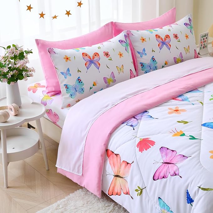 Wajade 7 Piece Butterfly Comforter Set for Girls Kids Cute Colorful Butterfly Flowers Floral Bedding Set Full Size with Sheet and 2 Pillowcases 2 Pillow Shams Bed in a Bag as Birthday Choice