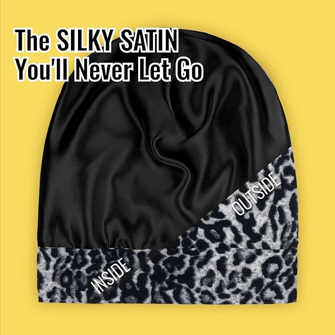 Satin Lined Sleep Cap Bonnet for Curly Hair and Braids, Stay On All Night Hair Wrap with Adjustable Strap for Women and Men, Black Leopard, Pack of 1